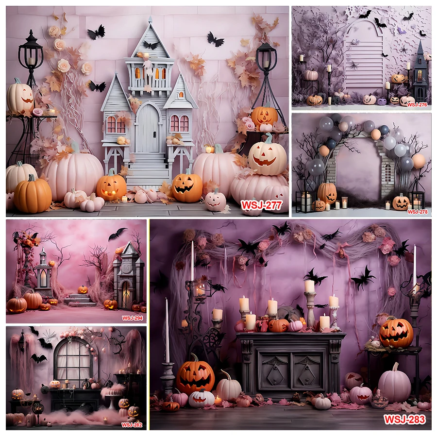 Halloween Backdrop Pumpkin Pink Wall Castle Bats Children Portrait Photography Background Photo Studio Photocall Props