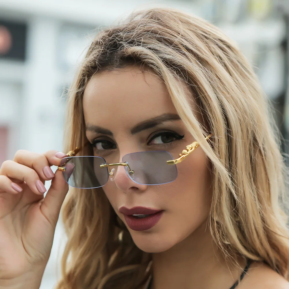 Cheetah Decorated Frameless Square Sunglasses Colorful Men and Women Vintage Leopard Head Metal Sunglasses Eyes