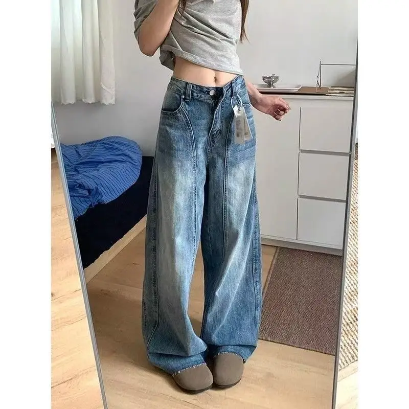 

Retro American Splicing Design Wide Leg Jeans Women Loose Fit Knife Waed Denim Casual High Waist ket Cotton Blend