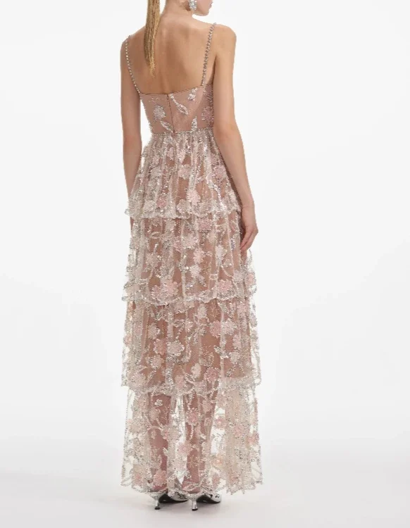 

Top Quality Women's Sliver Sequins Lace Patchwork Cascading Sleeveless Maxi Dress for Party 2025