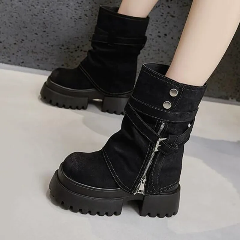 

Модные женские ботинки на платформе 10 см из натуральной замши, демисезонные, осенне-зимние, в британском мотоциклетном стиле, со съемными элементами, на плоской подошве