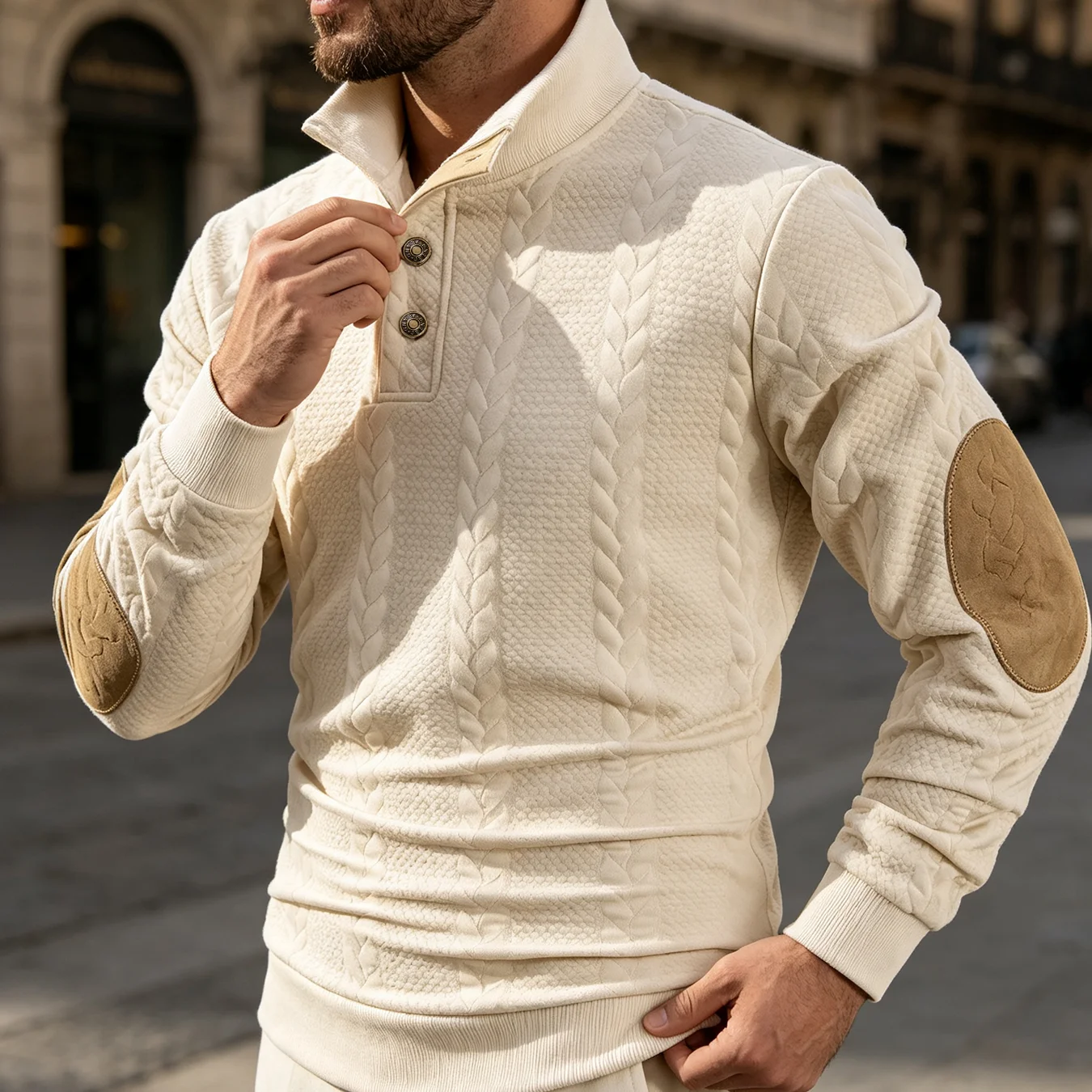 Men Daily Wear Pullover Sweatshirt Classic Cable Knit Design Stand Collar Button Placket Elbow Patches Soft Comfortable