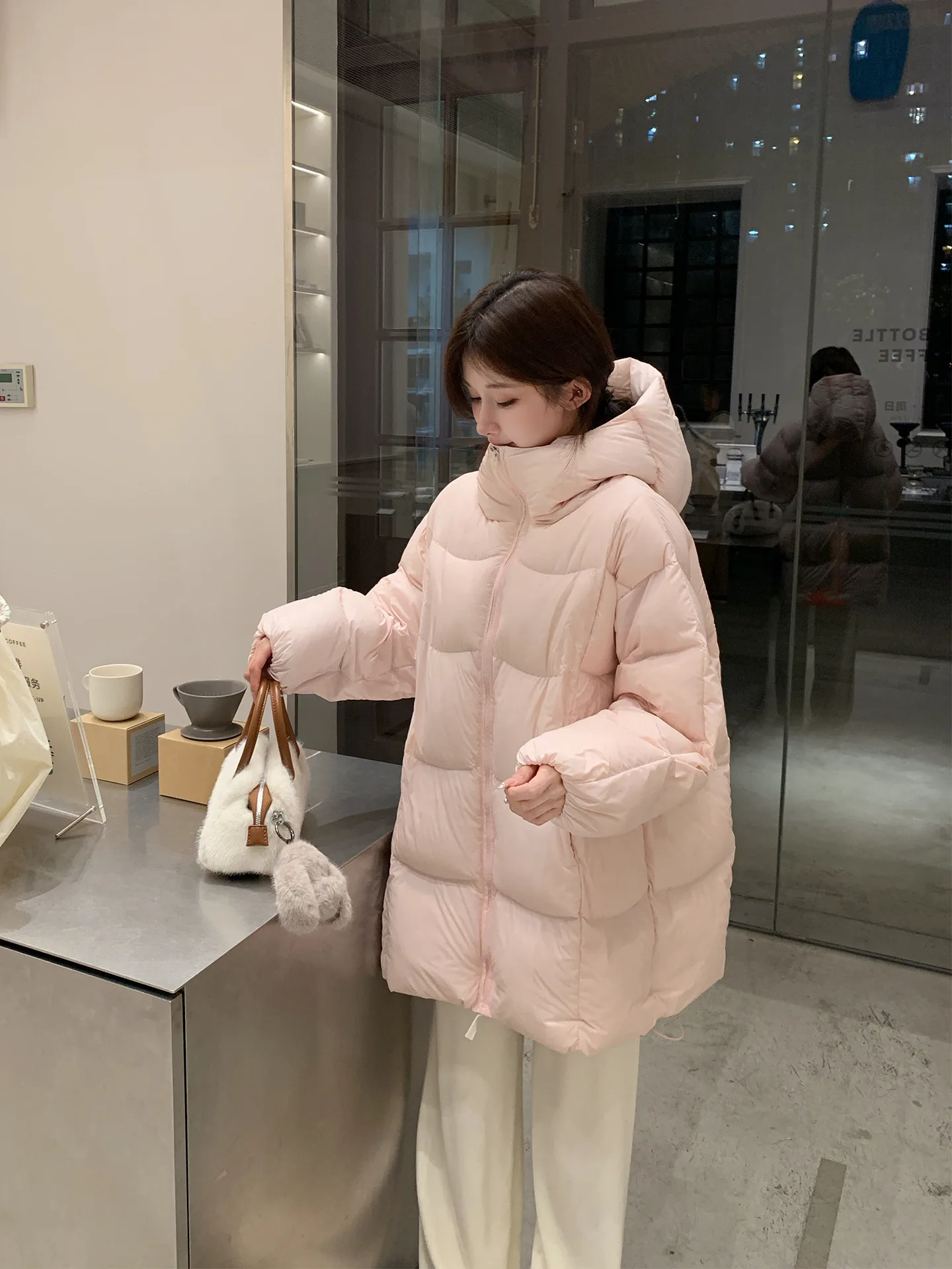 

Thiened Bread Sle down Jaet Women's Mid-Length Pink Puff Hat Coat White Du Feather Warm Commute Sle Zipper Closure