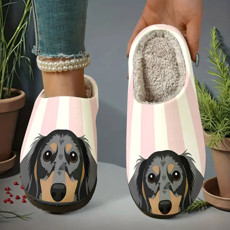 Dachshund Dog Pink Stripe Print Women's Winter Warm Plush Slippers Fuzzy Fleece House Slippers Indoor Shoes view 6