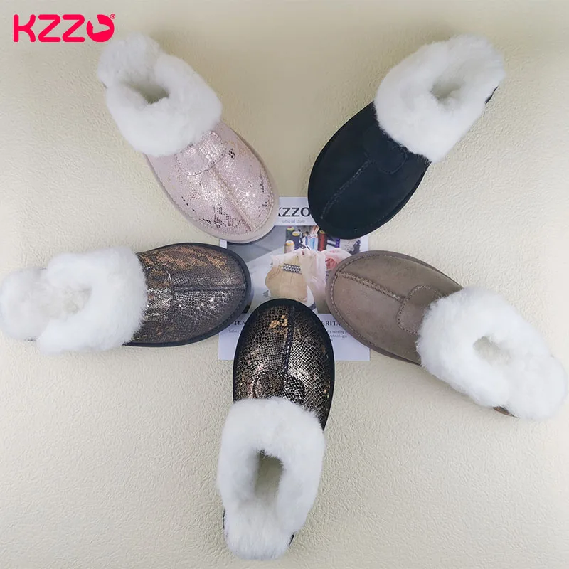 KZZO New Arrive Genuine Leather Slippers Fashion Female Winter Slippers Women Warm Indoor Slippers Soft Wool Lady Home Shoes