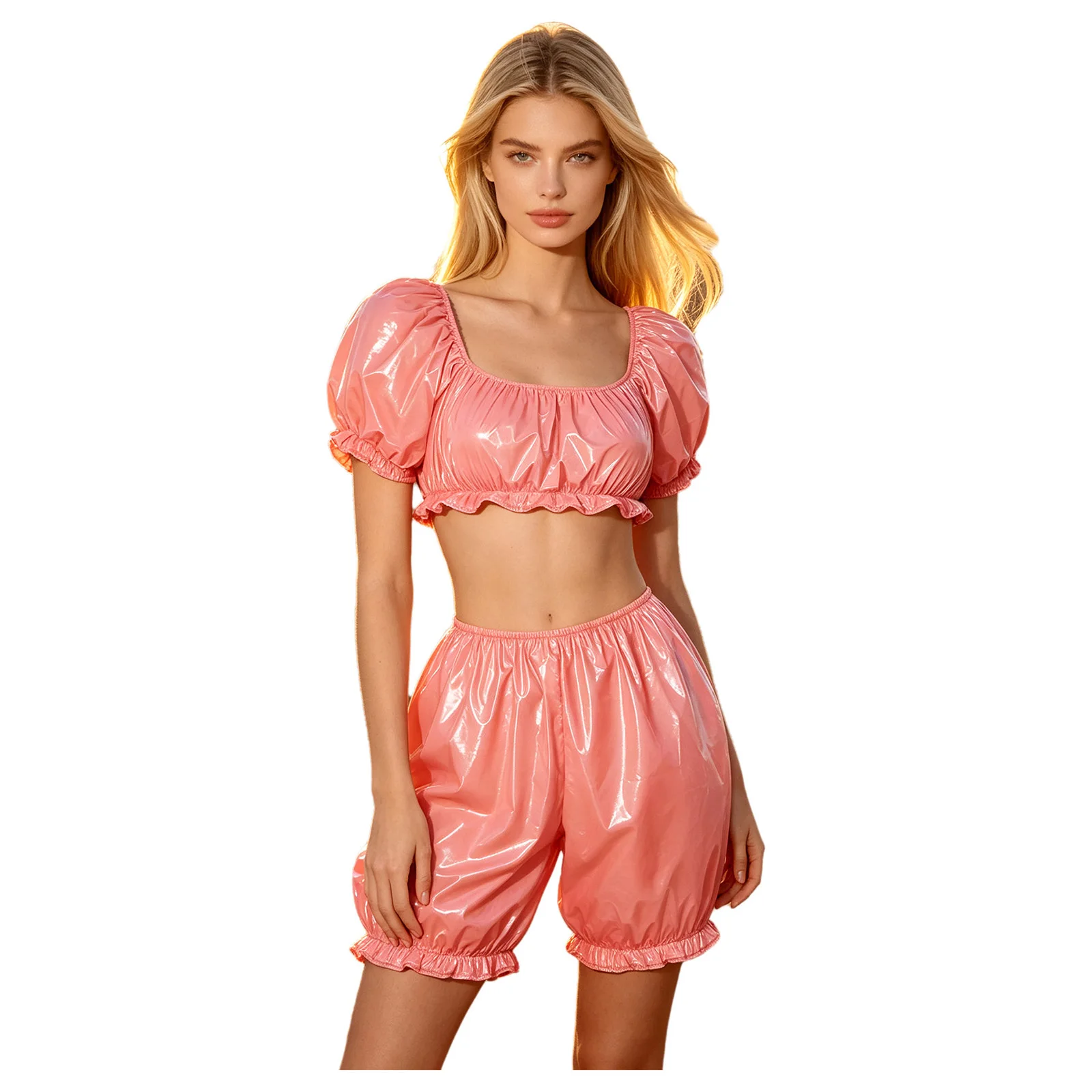 Women Nursing Homewear Sets Waterproof Vinyl Diaper Adaptive Ruffled Pajamas Short Puff Sleeve Crop Top Bloomers Shorts Outfits