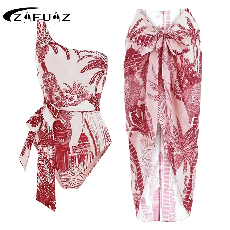 ZAFUAZ 2024 New Arrival One Shoulder Swimsuit With Skirt Ruffle Beachwear Sexy Swimwear Women Wrap Swimsuit Cover Up Sarong