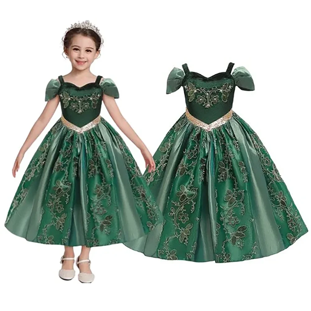 Girls Ice Green Frozen Anna Party Princess Gown Kids Embroidery Cosplay Dress Young Girl Fluffy Evening Clothes Children Costume