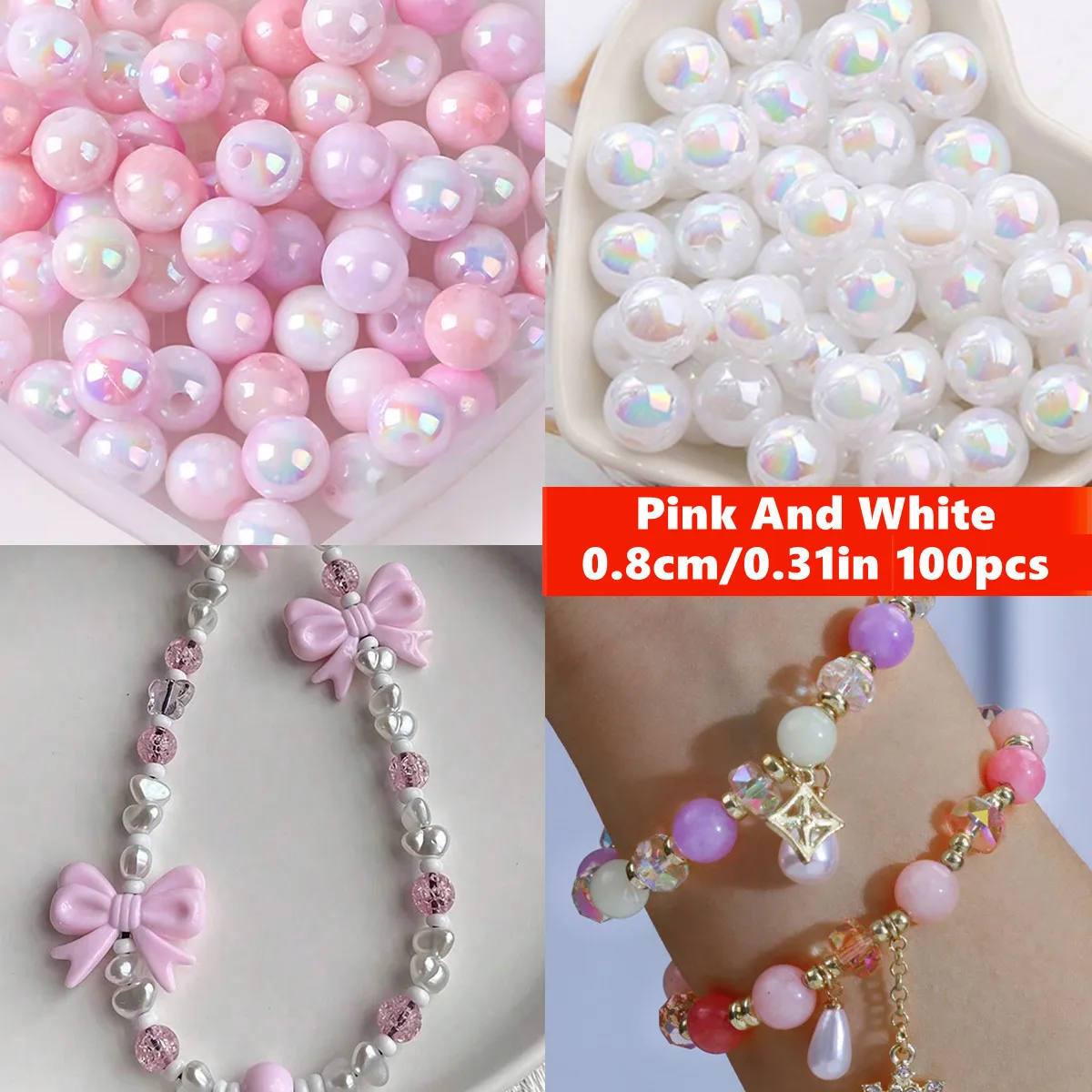8mm 100pcs Pink Cute And Beautiful Dual AB Color, Acrylic Beads, Suitable for DIY Making Couple Bracelets, Valentine'S Day Beads