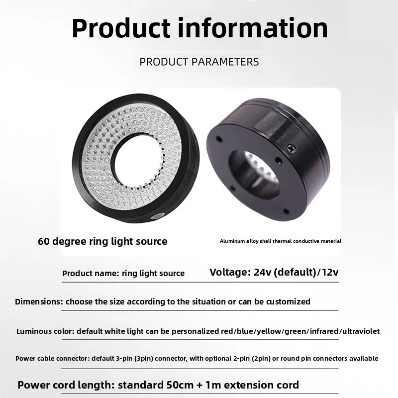 60° Low-Angle Diffused Ring Light w/ Diffuser Plate – Adj. LED Light for Machine Vision, CCD Defect Detect & Custom Proj