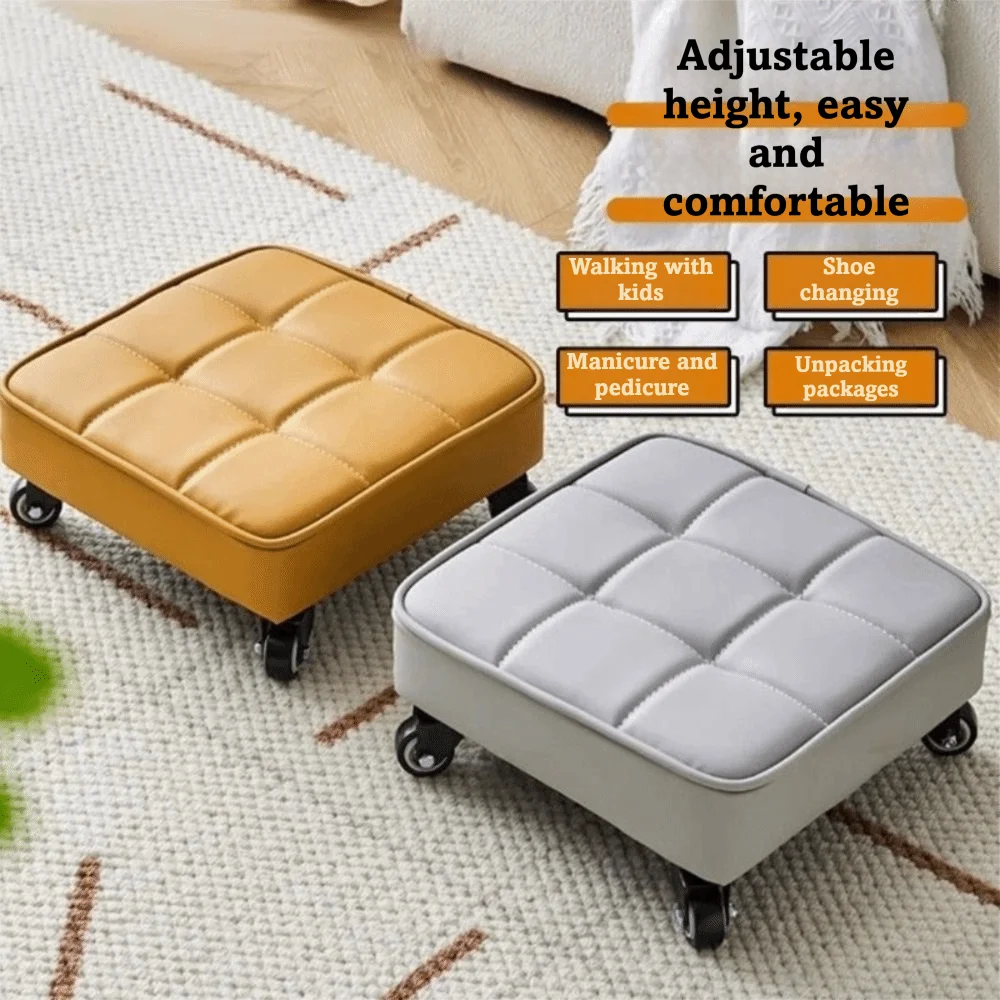 Upholstered Swivel Caster Stool Square Shape Rounded Edges Low Sliding Bench Portable 360° Rolling