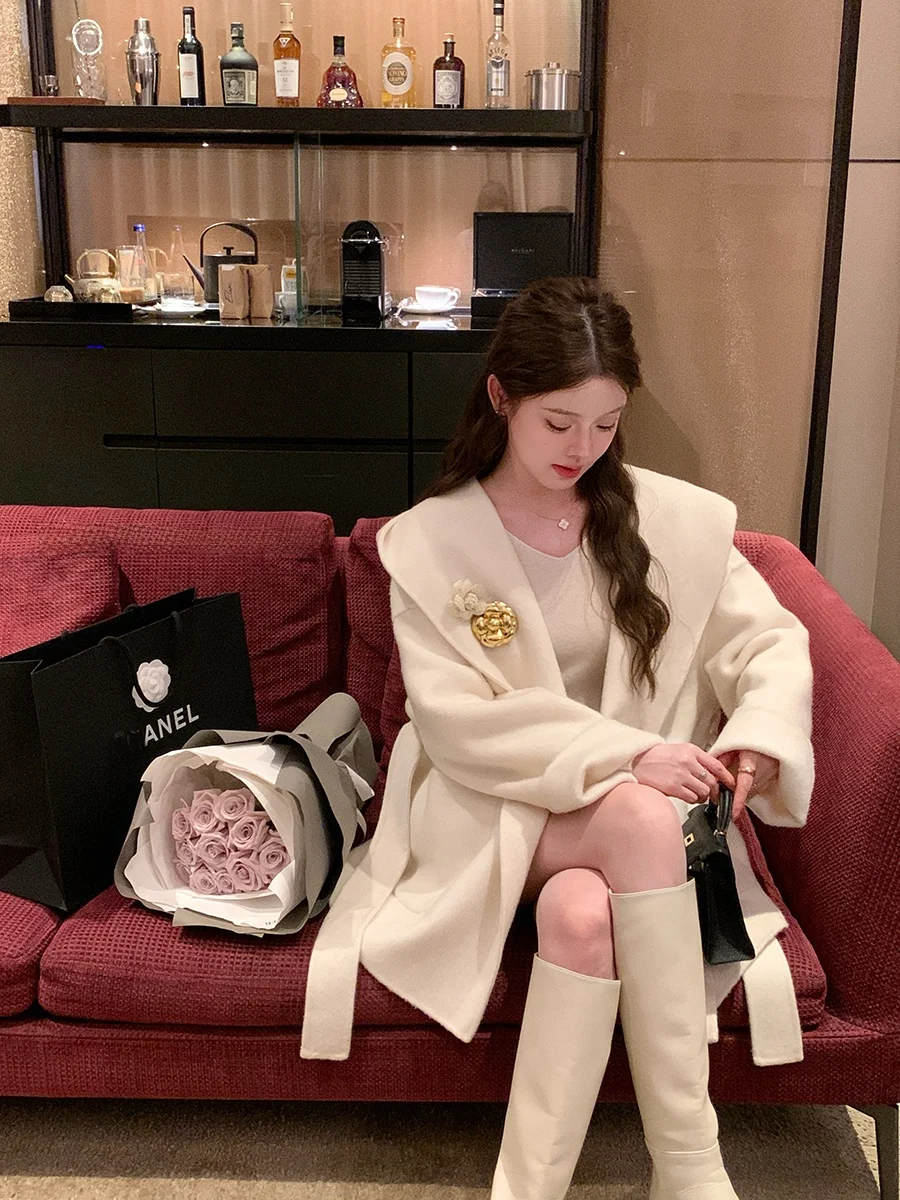 

Двустороннее шерстяное пальто Yang Xiaojuan с капюшоном, свободного кроя, с большим воротником, женская верхняя одежда, осенняя мода