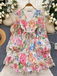 France Elegant Vintage Palace Evening Dress Women Print Hollow Out Lace Short Party Dress Female Casual Chic Festival Clothing