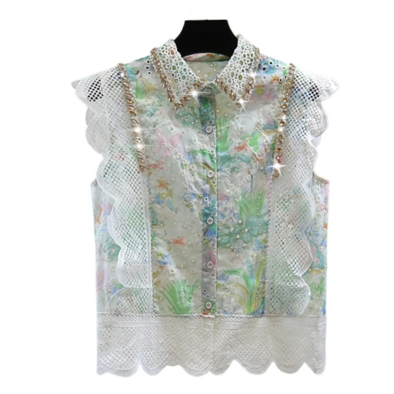 Hollow-out Printed Diamond Sleeveless Blouses Womans 2024 Summer Lace Stitching Wavy Edge Cotton and Linen Embroidered Shirt Top