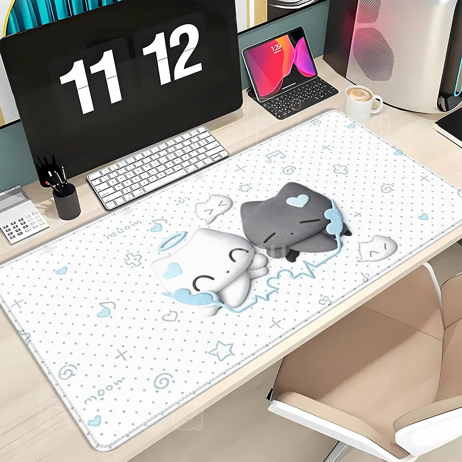 Desk Pad Protector Anime Japanese Angel Cat INS Mouse Pad Office Desk Mat Polka Dots Non-Slip Gaming Desk Office Accessories