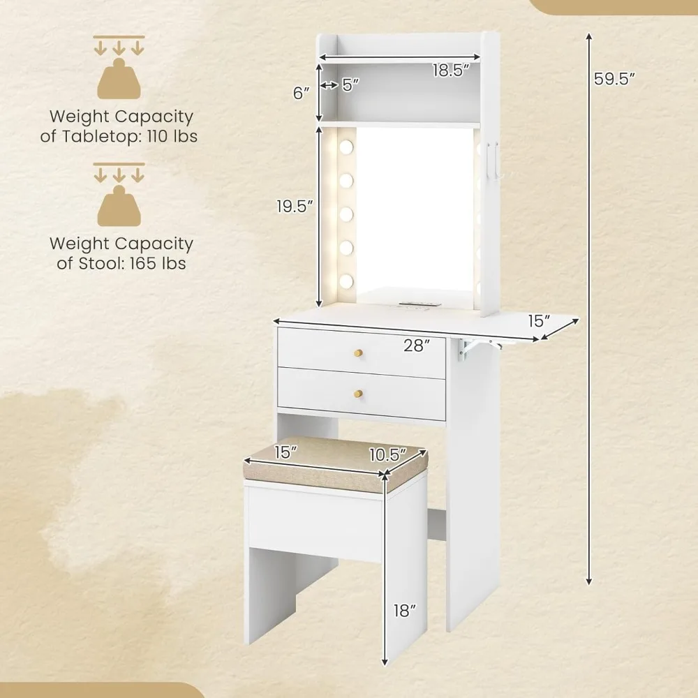 مكتب مكياج مدمج مع مقعد مبطن، ومرآة مضاءة بثلاثة ألوان، وتخزين مخفي للمساحات الصغيرة #4