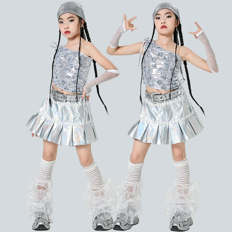 

Girls Street Jazz Outfits K-pop Stages Clothes Silvery Flower Sloping Shoulder Vest Suit Runway Performance Show Wear XH2735