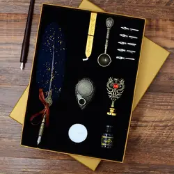 Luxury Fountain Quill Pen Set Vintage Sprinkling Gold Feather Pen Ink Bottle Calligraphy Writing Dip Pen Birthday Gift Box