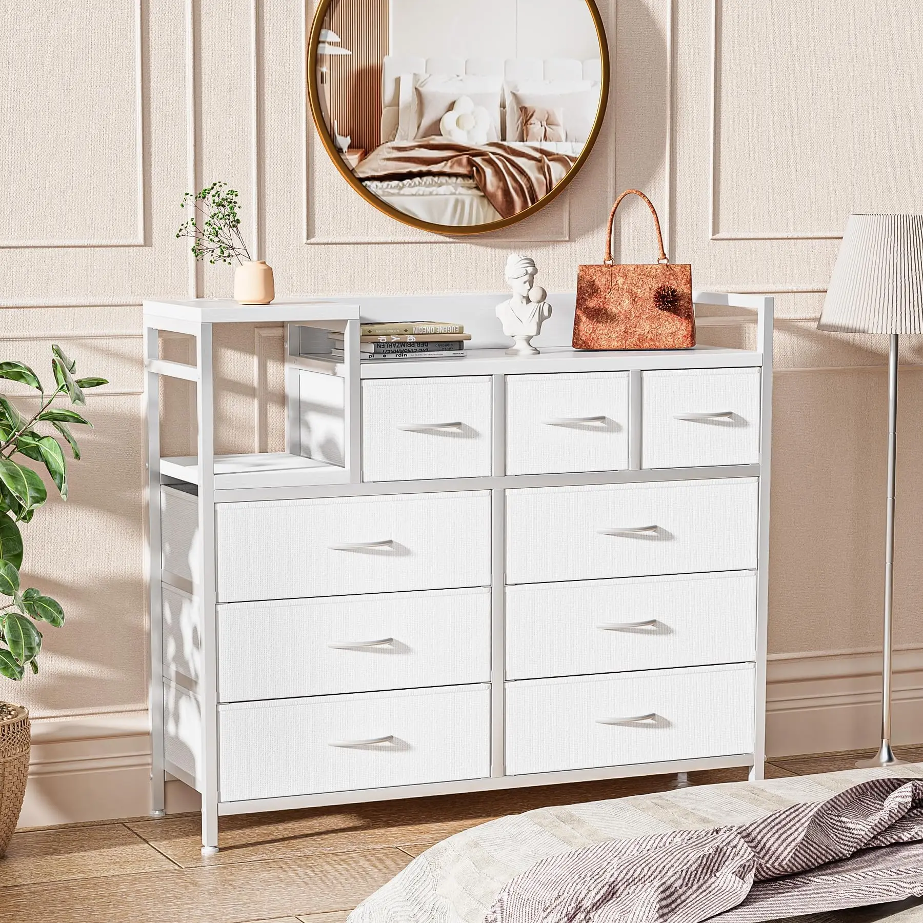 Comò con 9 cassetti in tessuto – Soluzione di archiviazione versatile per camera da letto, soggiorno o ingresso – Design compatto e gambe regolabili – Supporta fino a 45 kg – Ideale per la stanza