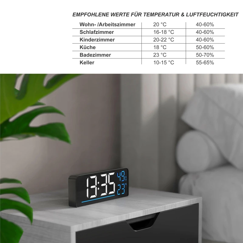 ساعة منبه LED رقمية - شاشة LED كبيرة 24 سم شاشة ملونة - عرض درجة الحرارة ومؤقت الرطوبة ومستشعر السطوع-AT64