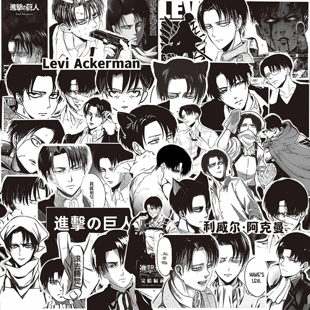 10/30/65pcs Cool Levi Ackerman Black White Stickers Attack on Titan Anime Characters Decals Sticker for Laptop Skateboard Phone