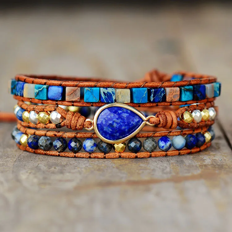 Popular elements hot-selling blue gold emperor stone multi-layer winding woven bracelet cowhide rope jewelry wholesale