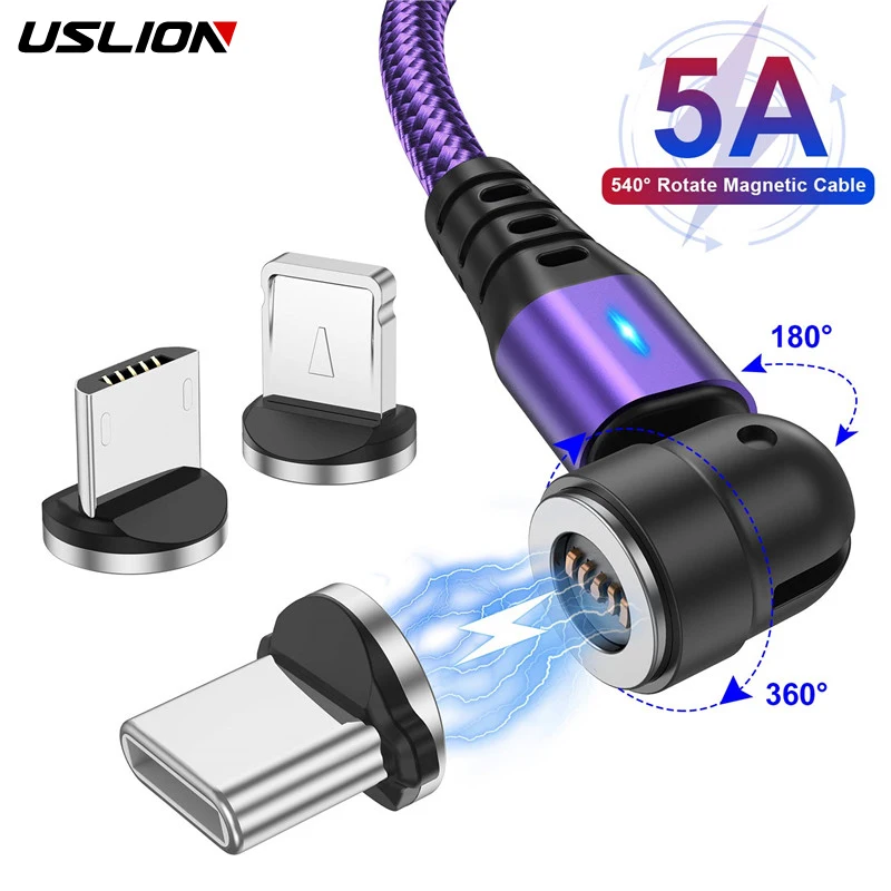 USLION 540 Rotate 5A Magnetic Cable Fast Charging Type C Cable Micro USB Magnet Charge Phone Data Line Wire For iphone 15 Xiaomi