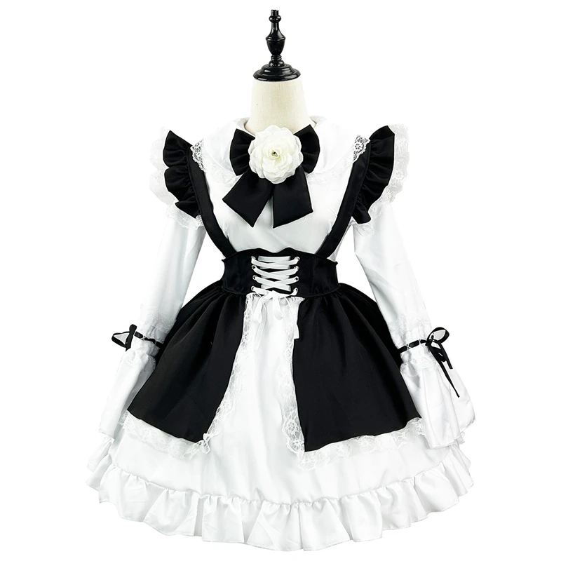 

Black and White Lolita Attire Lace Doll Collar Long Sleeve Dress and Waist-tied Apron Suit Japanese Anime Maid Cosplay Clothing