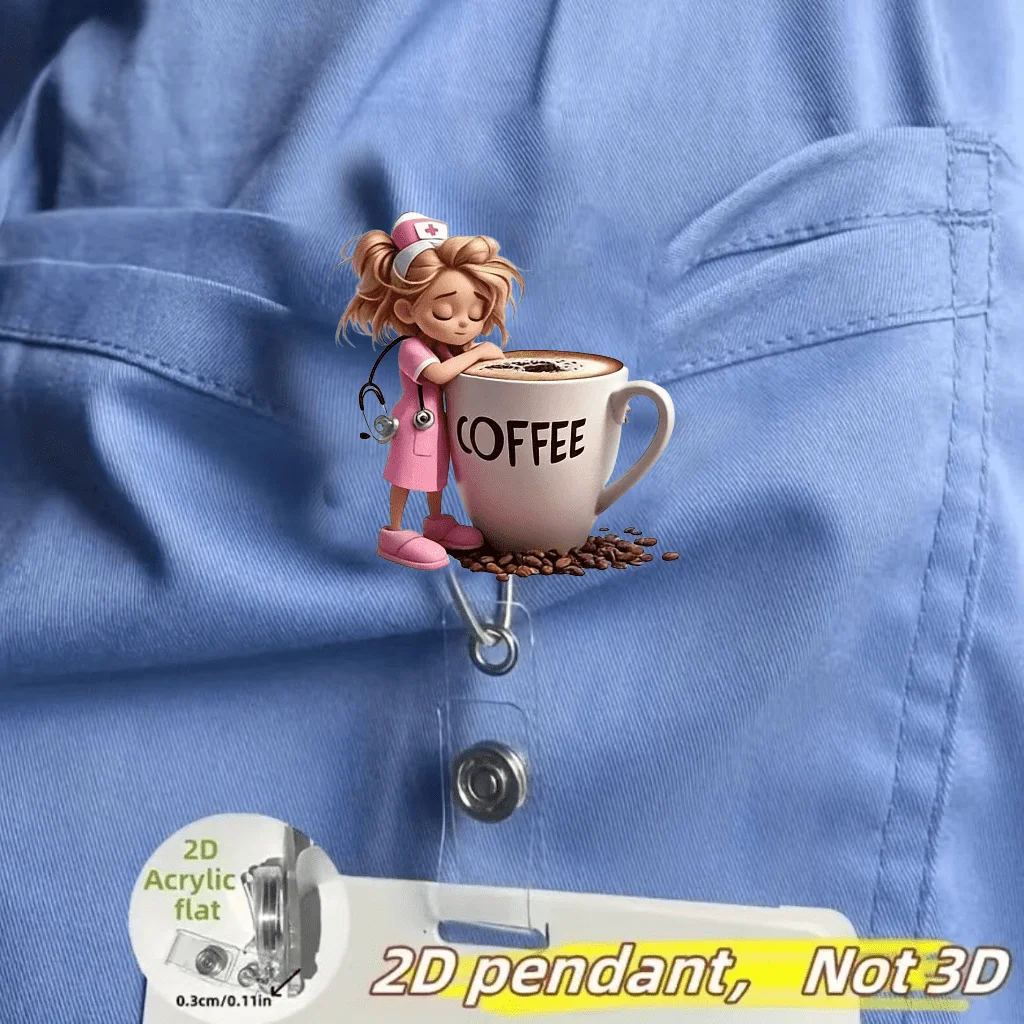 1pc Cute coffee girl Retractable Badge Reel – Acrylic ID Holder for Doctors, Nurses, RN, LPN, Healthcare Staff