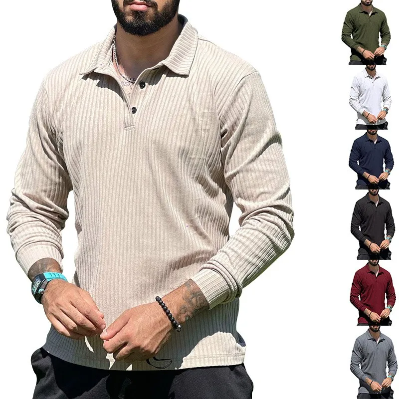 Collar T-shirt Slim Fit Cotton Blend Button Front Turn Down Collar Long Sleeve Solid Color Casual Wear Olive Green Navy Blue