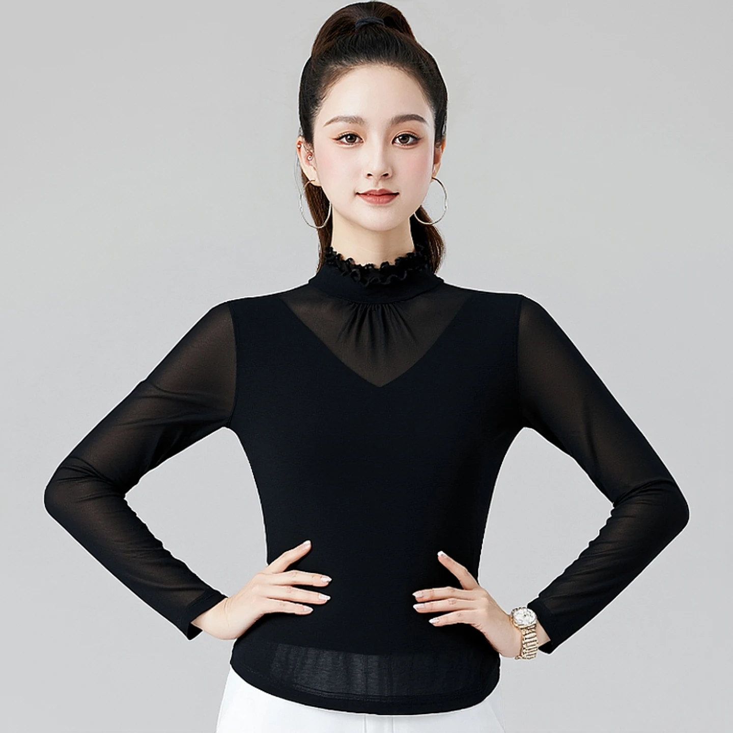 Haut de danse latine à manches longues pour femmes, col en v, haut de danse moderne pour adultes, Rumba, vêtements de danse de salle de bal, vêtements d'entraînement, nouvelle collection, DW11084