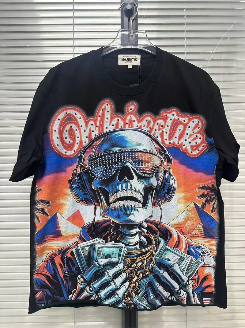 Herren-T-Shirt mit Strass-Totenkopf-Grafik, Hip-Hop-DJ-Skelett-Print, Y2K-Streetwear, Oversize-Baumwoll-Oberteil, Unisex-Sommer-T-Shirt – Detail 4