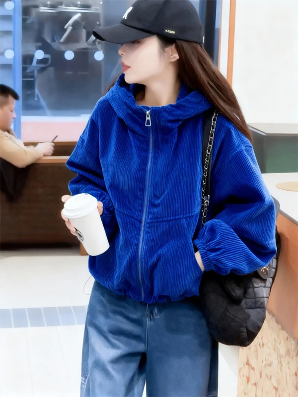

Unique Sli Thiened Corduroy Hooded Jaet Korean Sle Casual High Quali Blue Outerwear for Women Commute Windbreaker