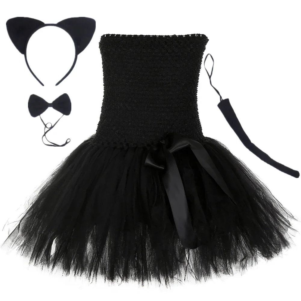 

Black Cat Girls Tutu Dress 1-14Y Knee-Length Children Birthday Party Dresses Halloween Cat Cosplay Costume Clothes Set for KidS