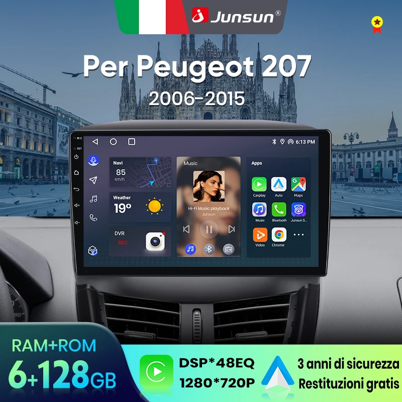 Image of Junsun Wireless CarPlay Android Autoradio für Peugeot 207 2006-2015 GPS-Navigation 8-Kern DSP RDS BT Radio Italien Service