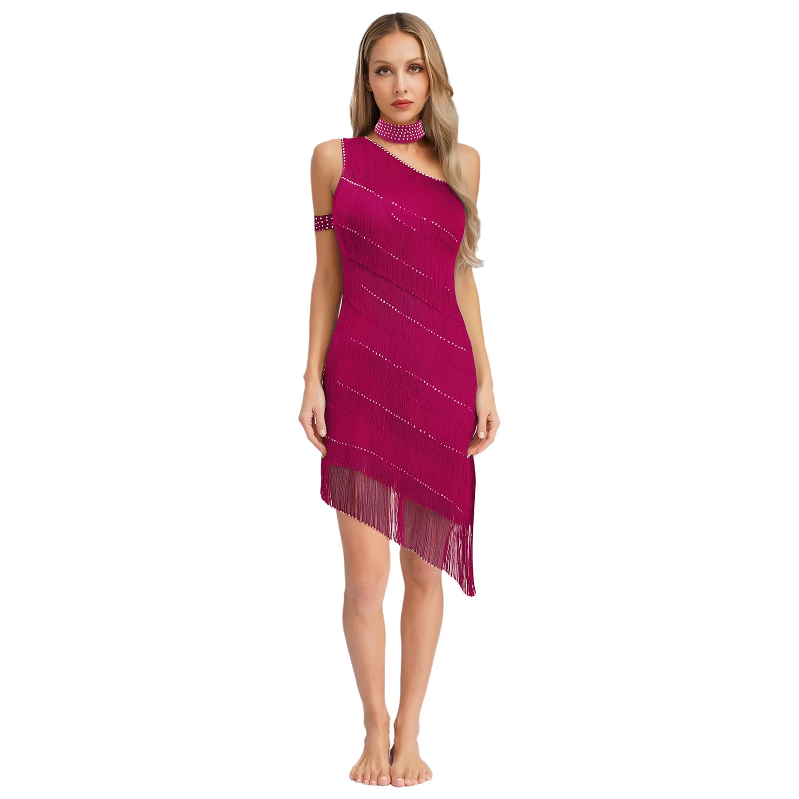 

Temperament Women Slim Fit Latin Tango Tap Tassel Dance Performance Dress Sleeveless Asymmetric Fringe Samba Rumba Dance Dress