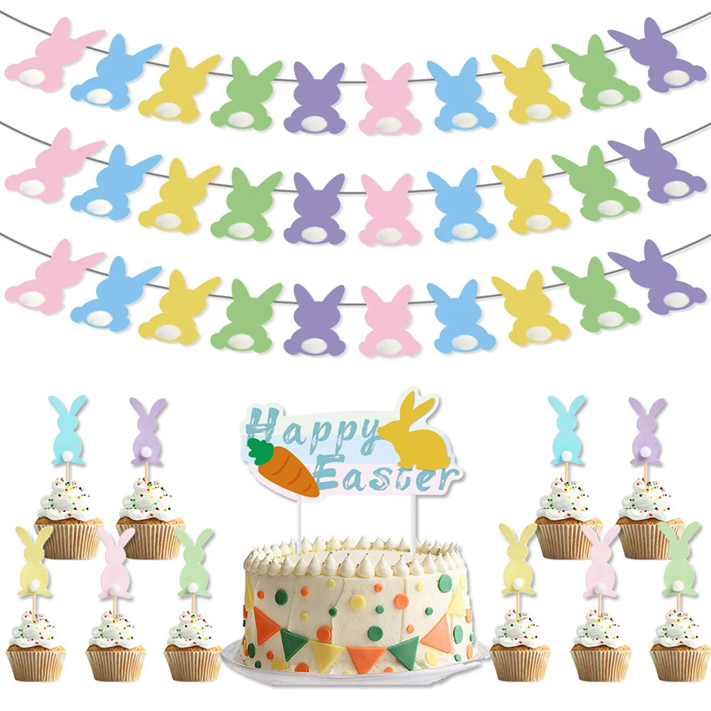 Easter Rabbit Banner Decorations,Happy Easter Bunny Bunting Garland,Cake Topper,Easter Home Party Decoration