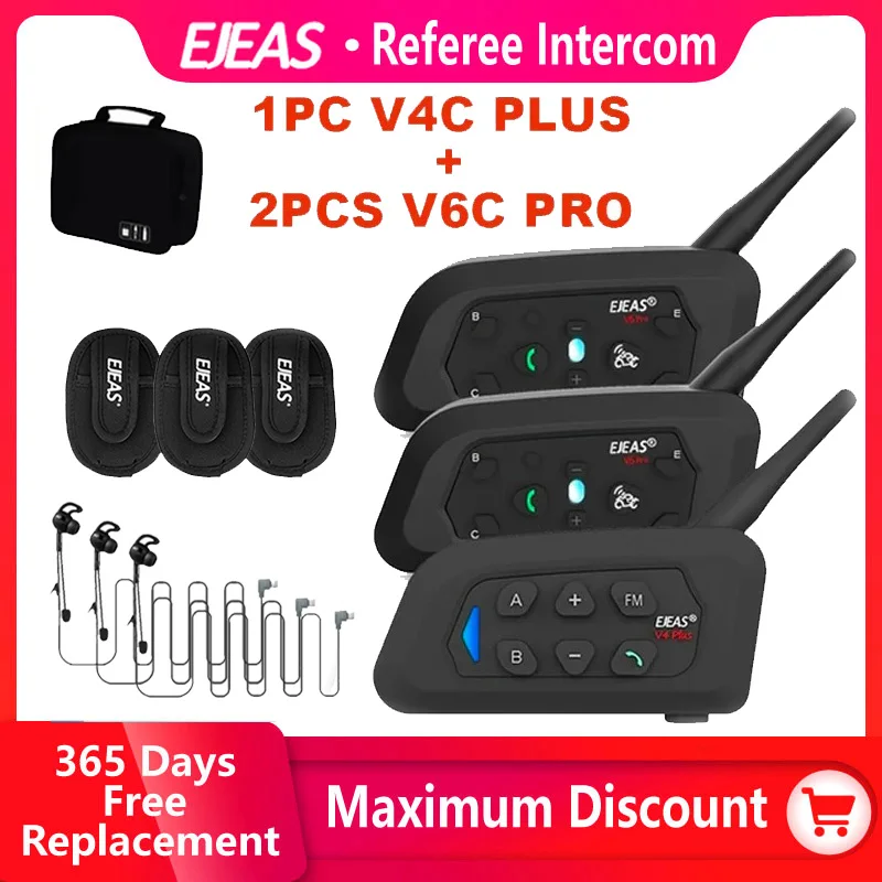EJEAS V4C PLUS + 2 Stück V6C PRO 1200 m Vollduplex-Bluetooth-Fußballkonferenz-Gegensprechanlage, 3 Benutzer, In-Ear-Schiedsrichter-Intercom-Headset