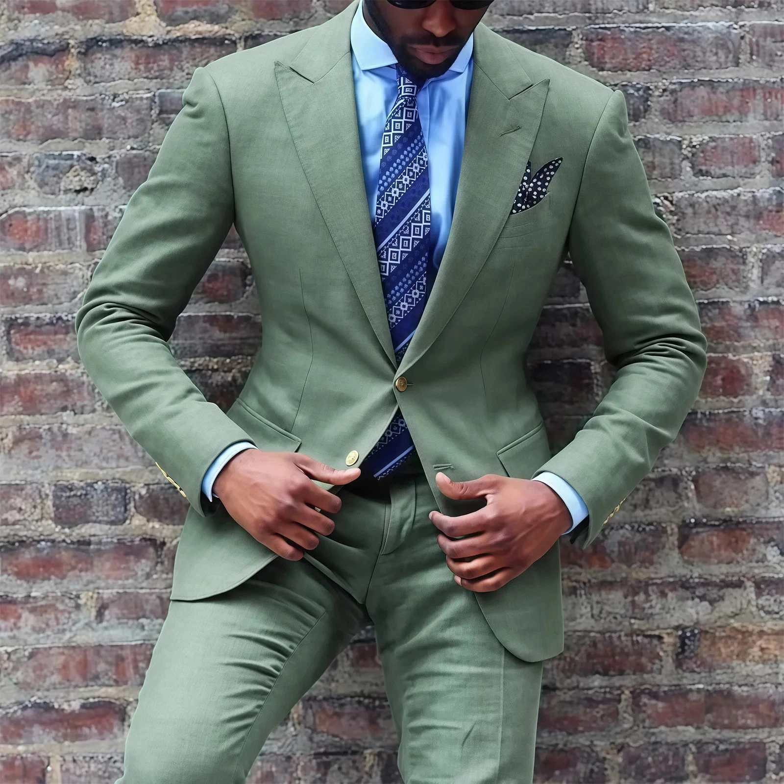 

New Green Suits for Men 2 Pieces Peaked Lapel Tuxedo Groom Prom Trajes De Hombre Daily Outfits Custom Male Clothing Jacket+Pants