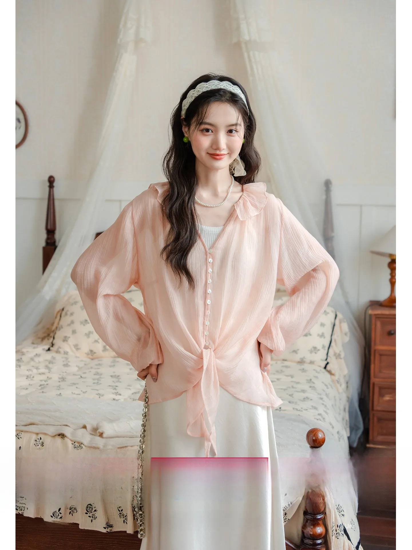 

Pink Silk Women's Summer irt Sun Protection French Sle V-ne Loose Fit Long Sve Pure Color Le Detailing