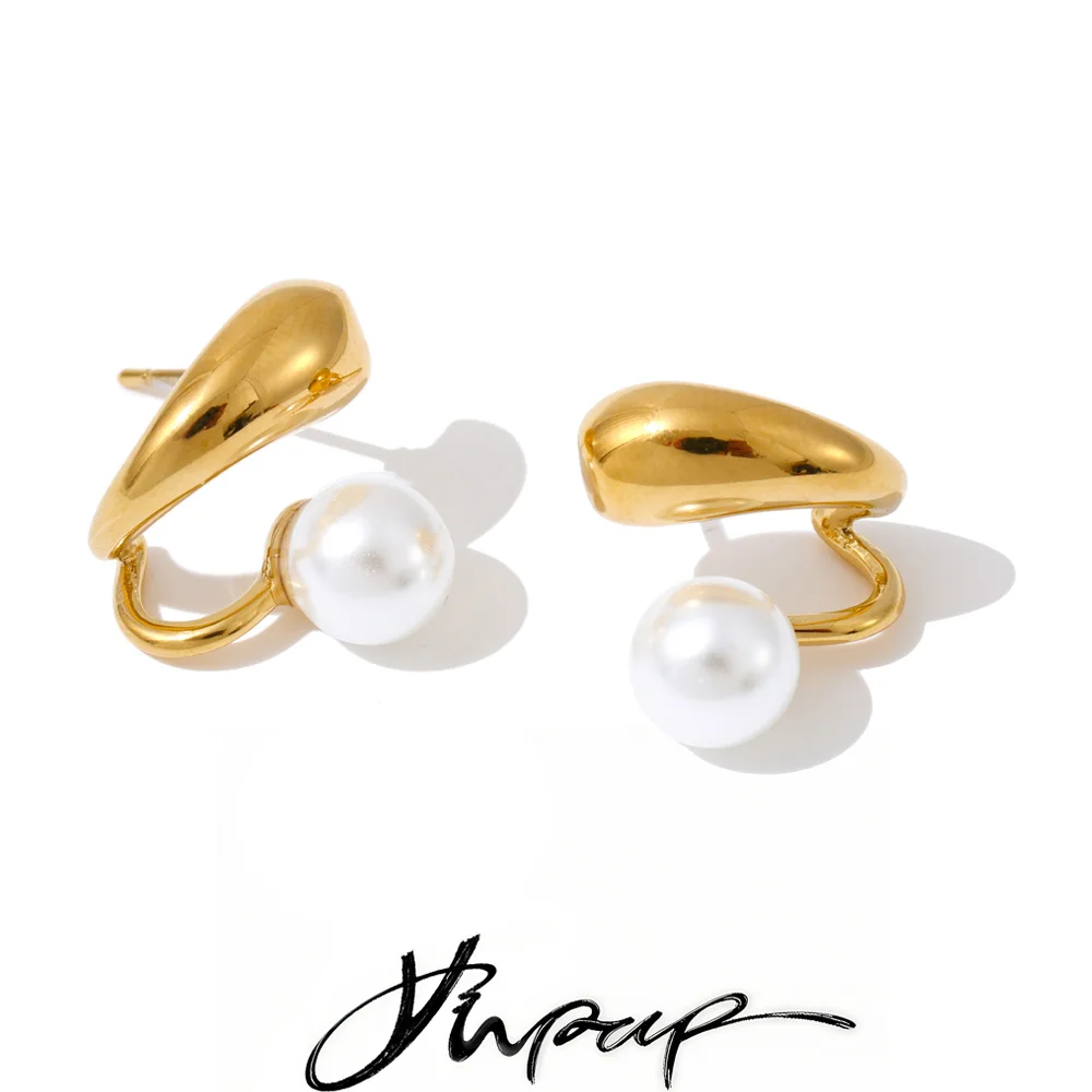 Yhpup Popular Stainless Steel Fashion Design Pearls Geometric Earrings Korean Style Chic Distinctive Jewelry Tarnish Resistant