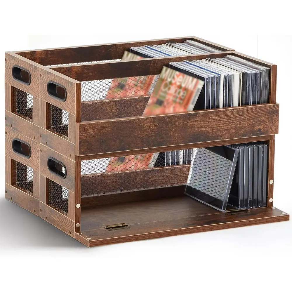 

4 Set Retro CD Storage Box Holder Shel Metal & Wooden Display Racks with Carrying Handles, Cassette Tape Organizer Shel or Movie