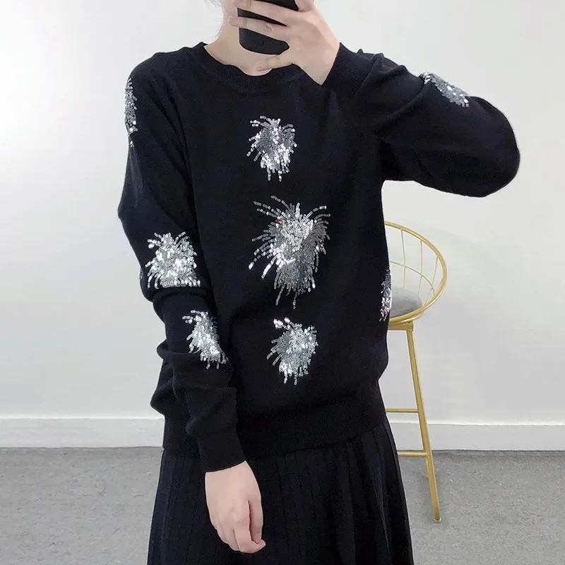 A High Quality Fashion Spirng Women Sweater Pullover Sequin Embroidery Tops Korean Loose Warm Knitwear Autumn Jumpers Ladies