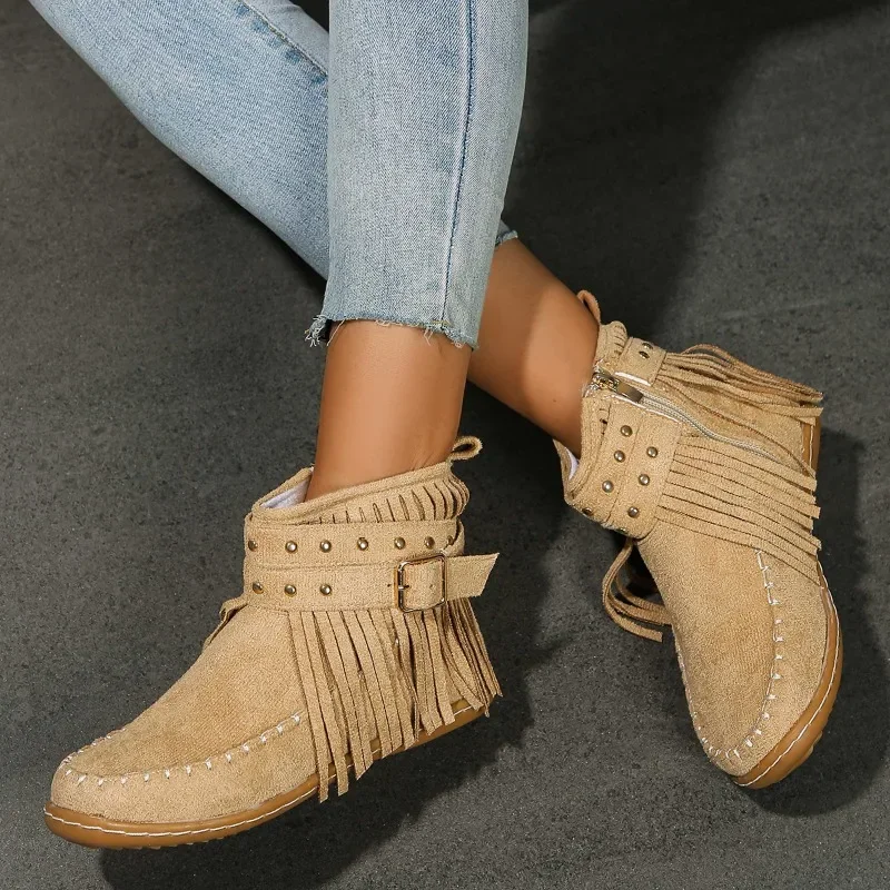 Women's Single Boots Spring and Autumn New Low Heel Cattle Suede Tassel Zipper Fashion Boots Casual Comfortable Wear Shoes