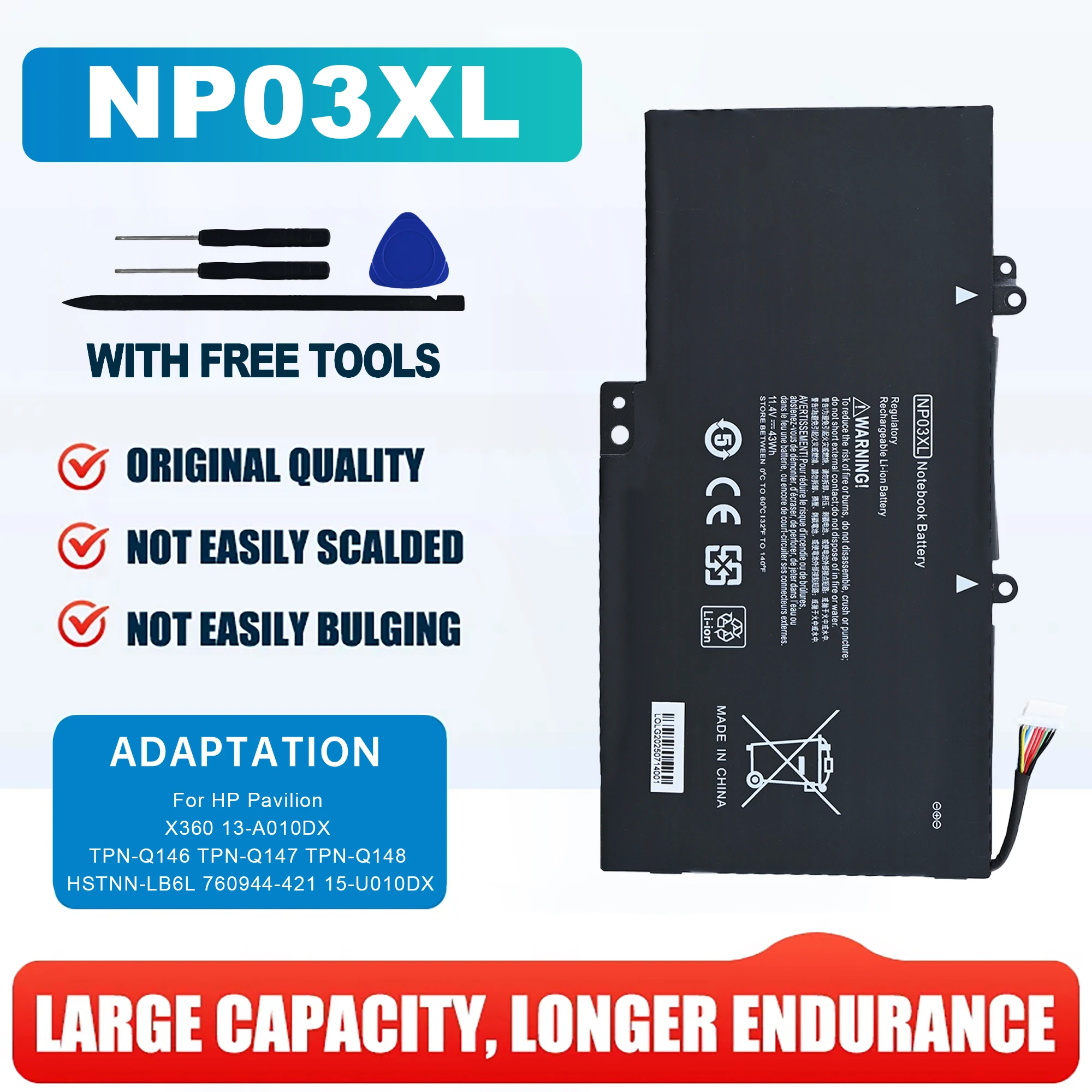 

43Wh NP03XL Battery for hp envy 15-u000/u100/u200/u300 Pavilion 13-a000/a100/a200/a300 x360 Convertible PC TPN-Q146/Q149