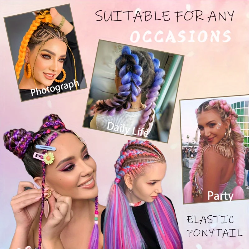 2PCS Synthetic Straight Ponytail with Elastic Hair Tie Colorful Braiding Hair Ponytail Hair Extensions Hair Accessories