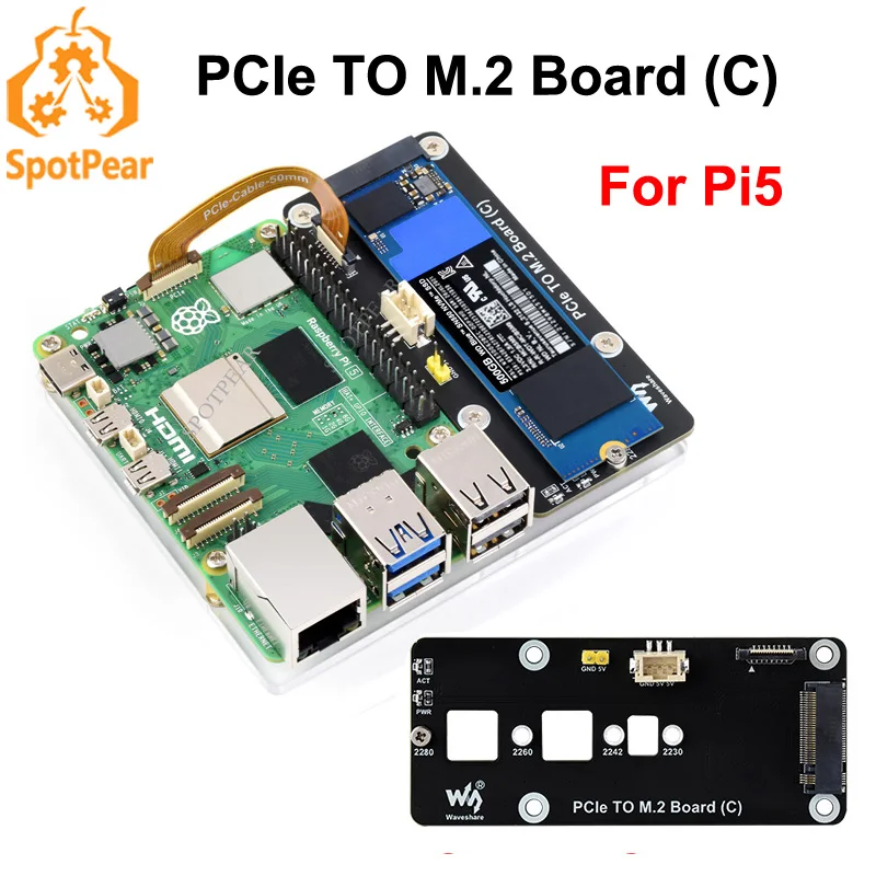 Raspberry Pi5 PCIe to M.2 NVMe SSD Adapter Board C HAT Pi5-PCIe-2280-2242-2230 for Pi 5