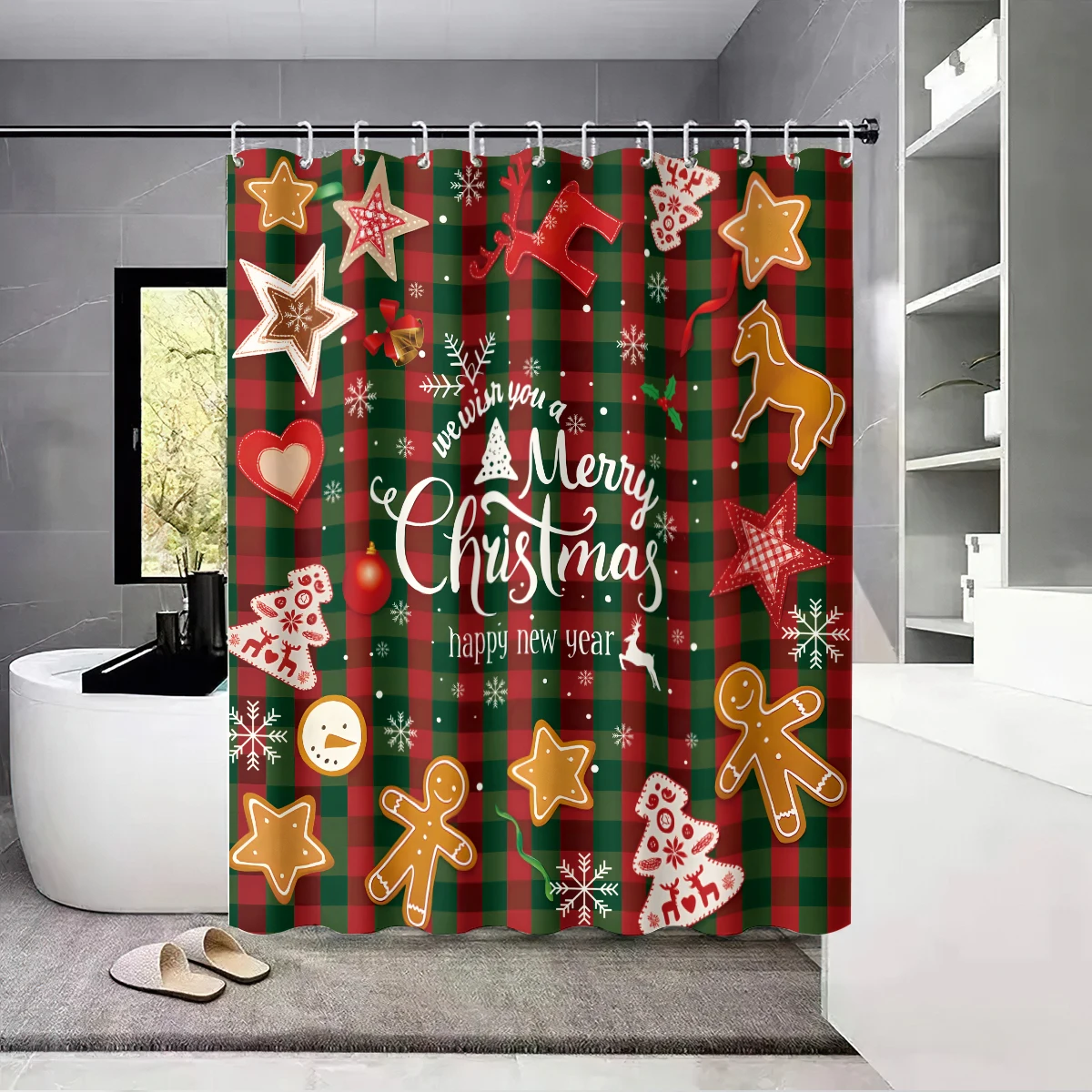 1pc Christmas Gingerbread Print Waterproof Holiday Shower Curtain Bathe Partition Privacy Multi Size 12 Hooks Easy Installation