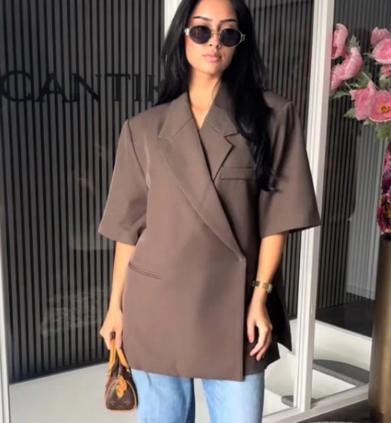 Traje de Blazer Holgado para Mujer, Estilo Casual, Cuello Camisero, Un Botón, Pantalones Cortos de Cintura Alta, Conjunto Formal para Verano/Otoño 2026