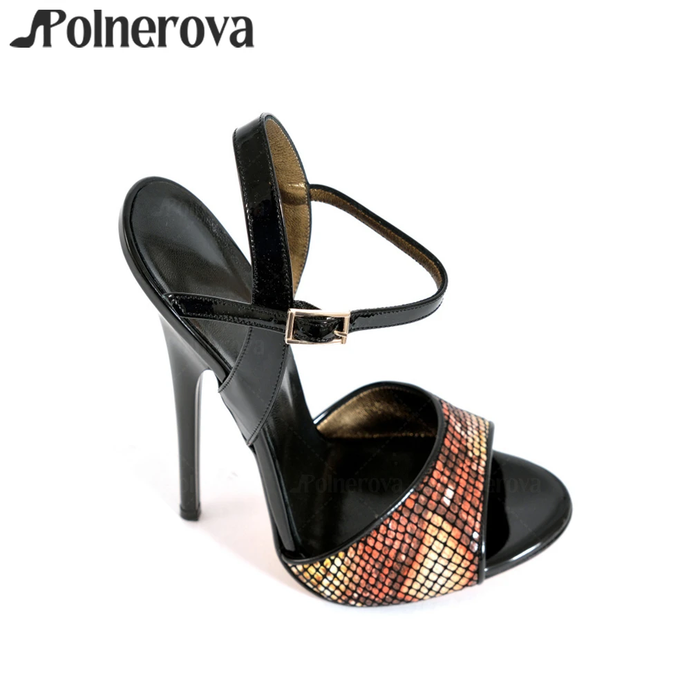 Copper Multi Stampato Leather Extreme Sandals Black Patent Leather Summer Pumps Lacquered Empire Heels Customized Peep Sandals